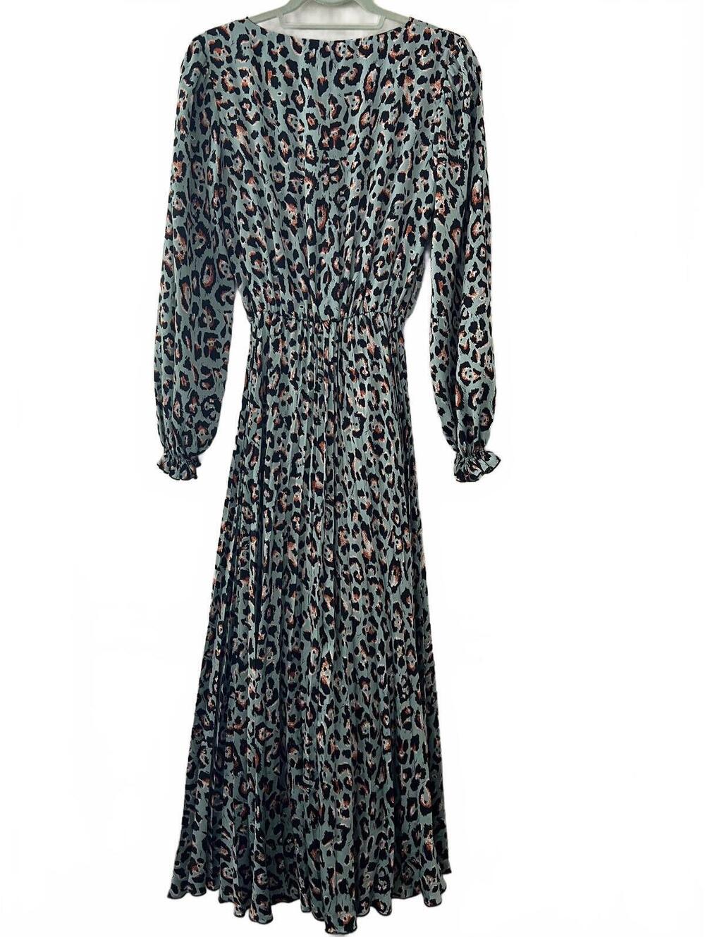 Nissa Long Sleeve Blue Cheetah Print Long Dress with Pleated Skirt XS
